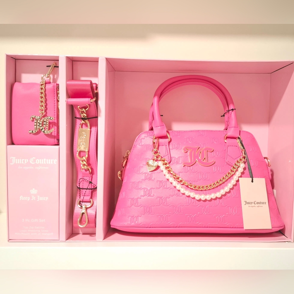 New💕Juicy Couture Hot Pink Heritage 3Pc Sporty Satchel Crossbody Bag Gift Set